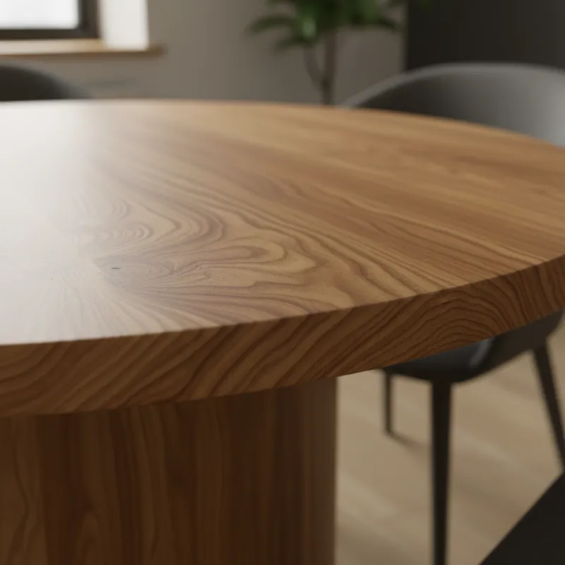 A close-up shot of a round pedestal dining table surface, showcasing the intricate wood grain of a solid oak top. Light reflects off its smooth, matte