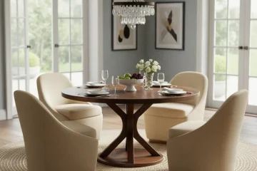 Modern round wooden pedestal dining table with a sturdy, central base, perfect for seating 4-6 people in a contemporary dining room.