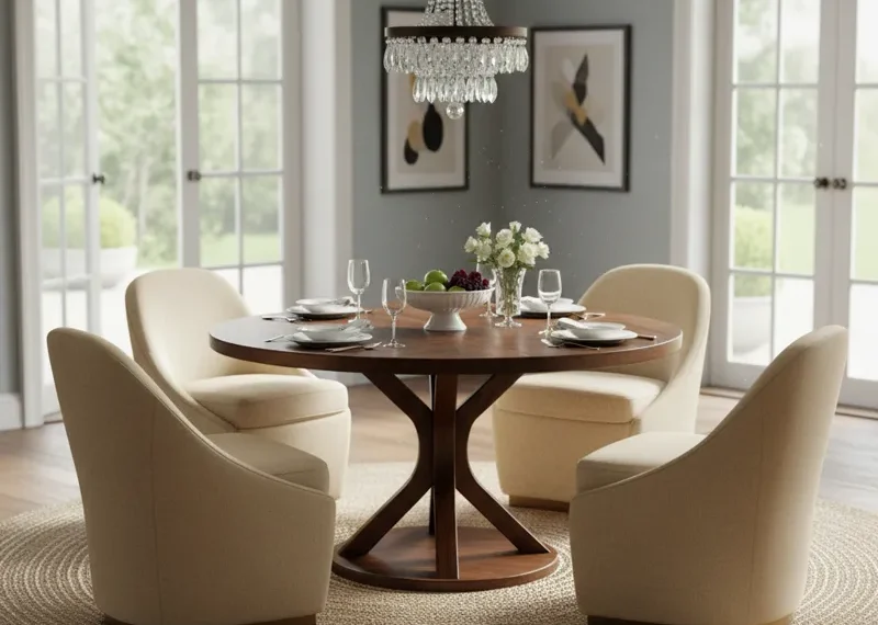 Modern round wooden pedestal dining table with a sturdy, central base, perfect for seating 4-6 people in a contemporary dining room.