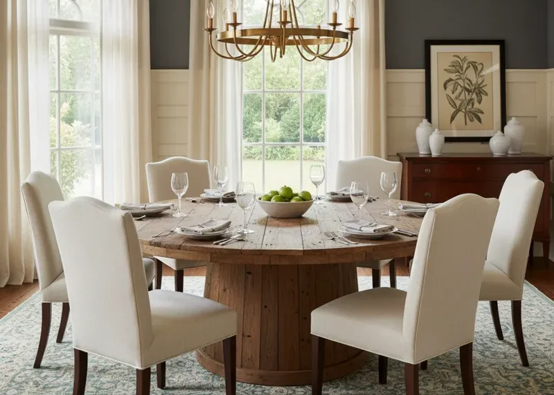 Stylish round dining table in a modern dining room setting, featuring design ideas for contemporary homes and cozy family meals.