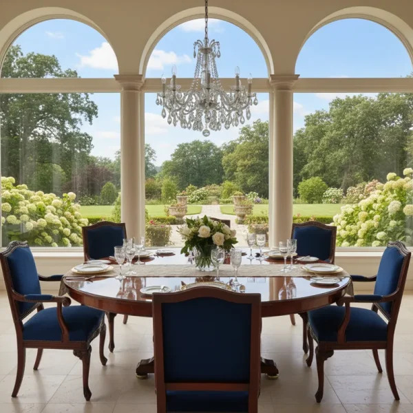 A round table surrounded by multiple chairs, suitable for dining, meetings, or social gatherings.