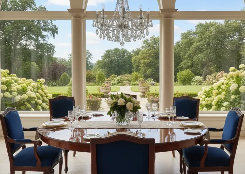 A round table surrounded by multiple chairs, suitable for dining, meetings, or social gatherings.