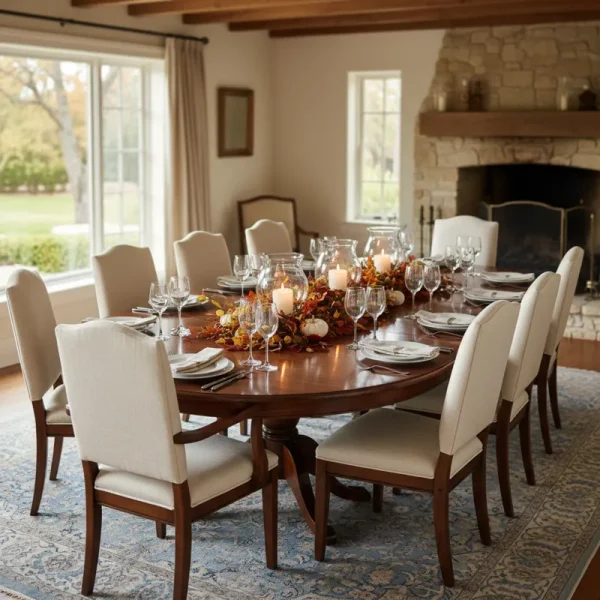 Large round wooden dining table, extended with leaves, comfortably set to seat ten people. Shows a spacious dining setup for a big group.