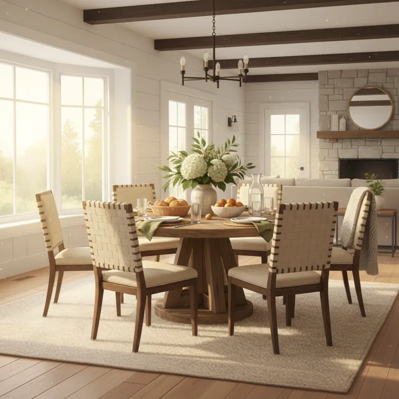 A warm, inviting round wood dining room table set for a family meal, showcasing natural light and comfortable chairs, with a subtle modern farmhouse a