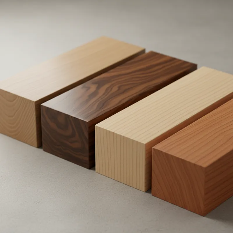 A detailed close-up of various wood samples side-by-side, showcasing different grains and finishes like oak, walnut, maple, and cherry.