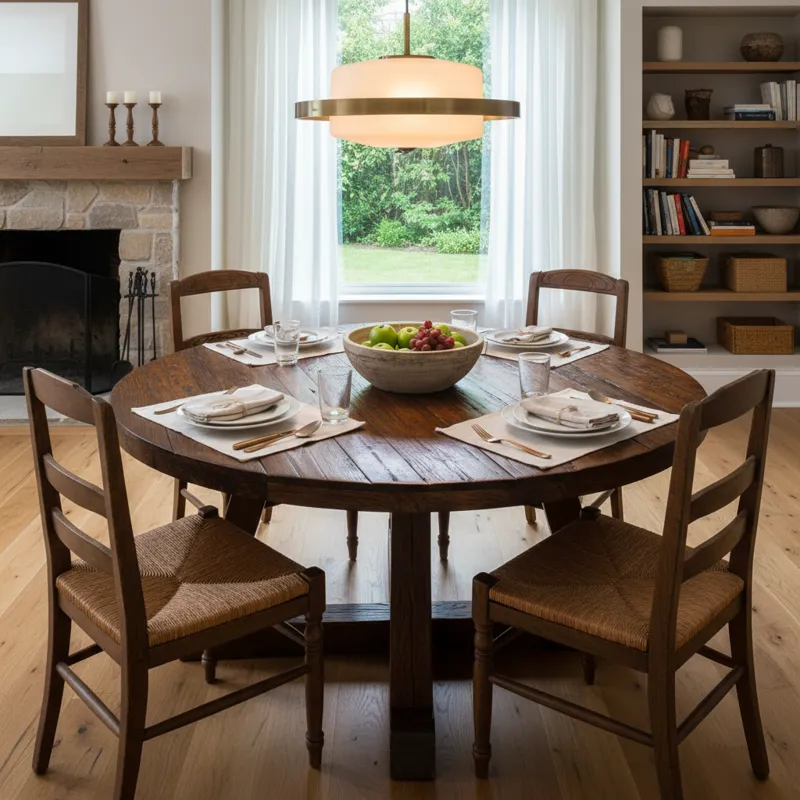 Elegant round solid wood dining room table, perfect for modern, farmhouse, or rustic dining spaces, comfortably seating 4-6 people.