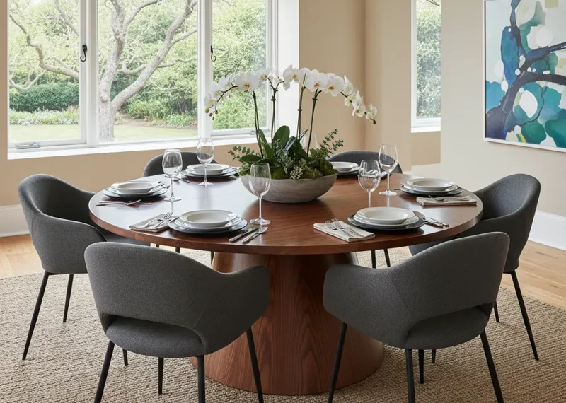 Round solid wood dining table designed to comfortably seat 6 people, shown in a dining room.