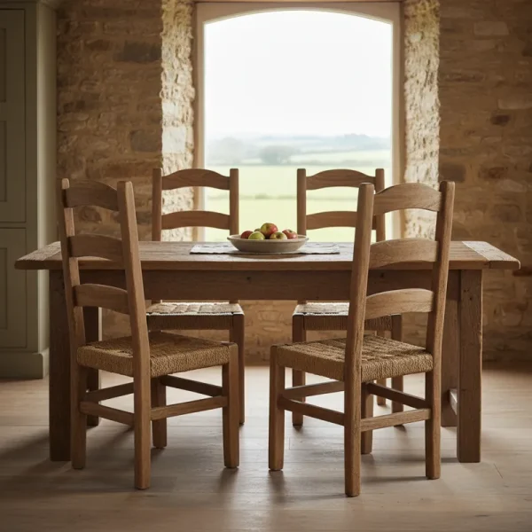 Set of 4 rustic wooden dining chairs with a distressed natural finish, perfect for farmhouse or country dining rooms.