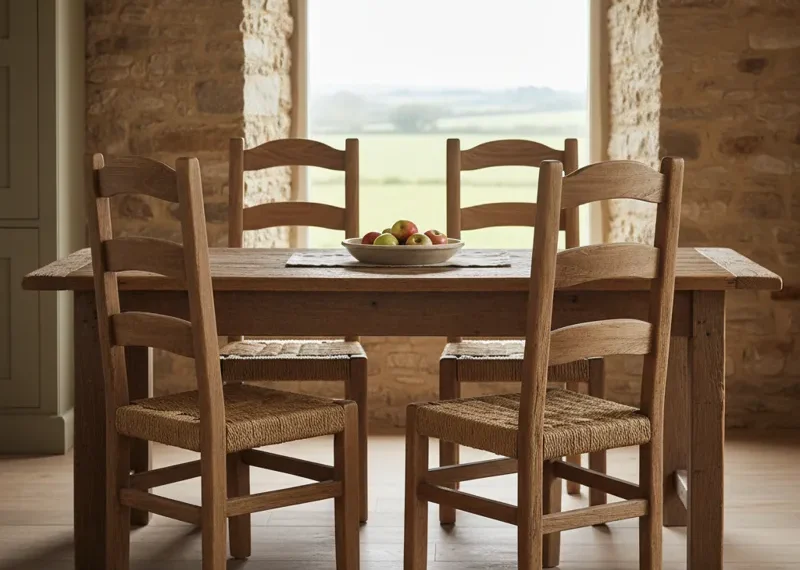 Set of 4 rustic wooden dining chairs with a distressed natural finish, perfect for farmhouse or country dining rooms.