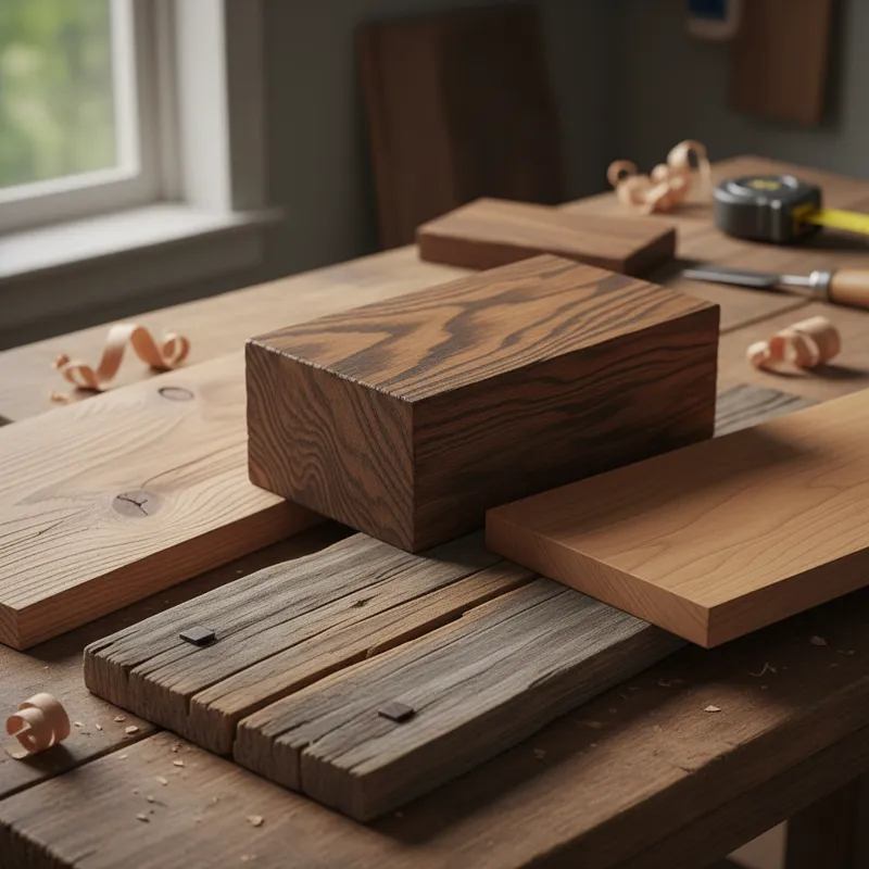 A close-up, detailed shot of various wood samples arranged on a table, showcasing different grains, textures, and natural imperfections suitable for r