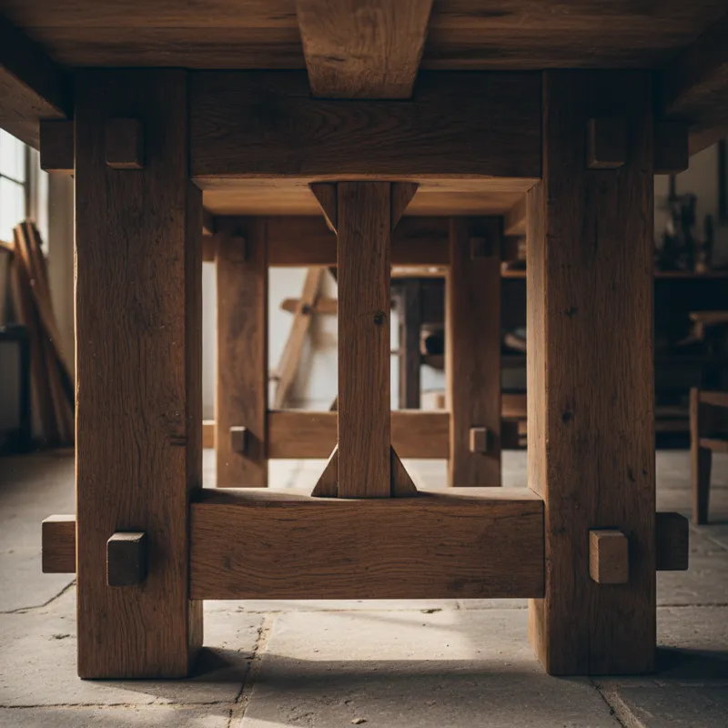 A detailed shot showcasing the underside of a rustic dining table, highlighting sturdy joinery techniques like mortise and tenon or dovetail joints. T