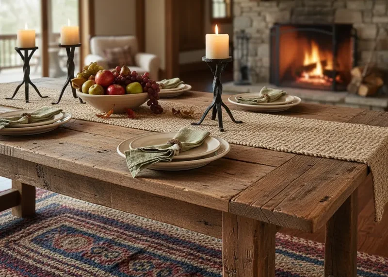 Rustic dining table made from solid, reclaimed wood with a natural finish and sturdy farmhouse design, ideal for a warm dining room or kitchen.