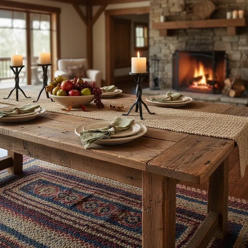 Rustic dining table made from solid, reclaimed wood with a natural finish and sturdy farmhouse design, ideal for a warm dining room or kitchen.