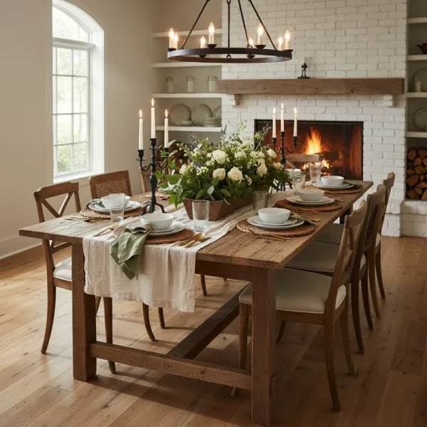 A large, rectangular rustic farmhouse dining table crafted from natural light-colored wood, set with eight matching wooden chairs. The table features simple place settings and a decorative centerpiece, ready for a family meal or gathering.