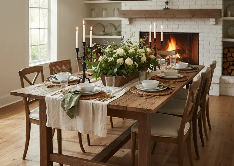 A large, rectangular rustic farmhouse dining table crafted from natural light-colored wood, set with eight matching wooden chairs. The table features simple place settings and a decorative centerpiece, ready for a family meal or gathering.