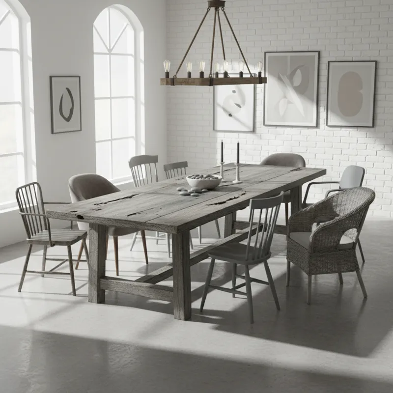 A wide shot of a rustic gray dining table in a well-lit dining room, showcasing its texture and the gray tones, surrounded by various styles of dining