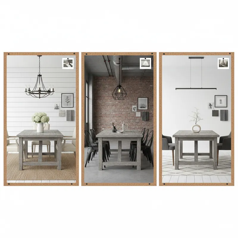 A mood board showing various interior design styles (farmhouse, industrial, modern) all featuring a rustic gray dining table as the central element.