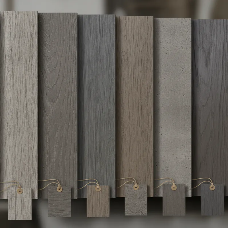 A detailed close-up shot of different wood grain textures with varying gray finishes, emphasizing material and finish differences, with small sample t