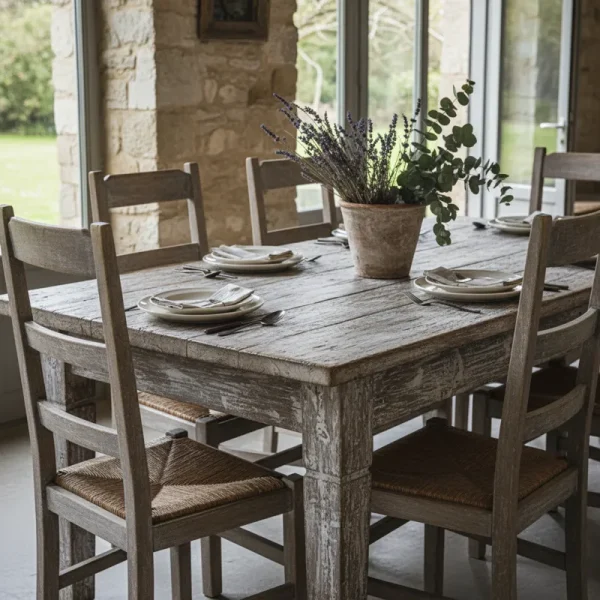 Rustic gray dining table with a distressed wood finish and sturdy rectangular design, ideal for modern farmhouse or industrial style dining rooms.