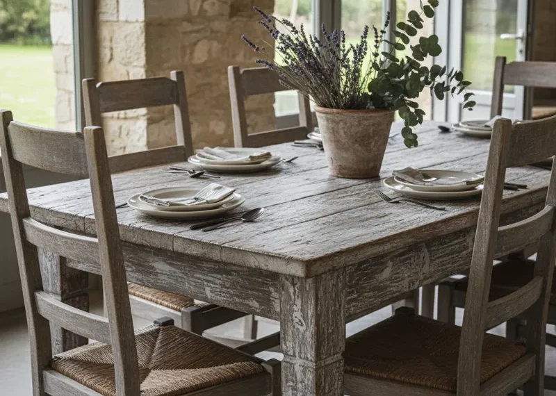 Rustic gray dining table with a distressed wood finish and sturdy rectangular design, ideal for modern farmhouse or industrial style dining rooms.