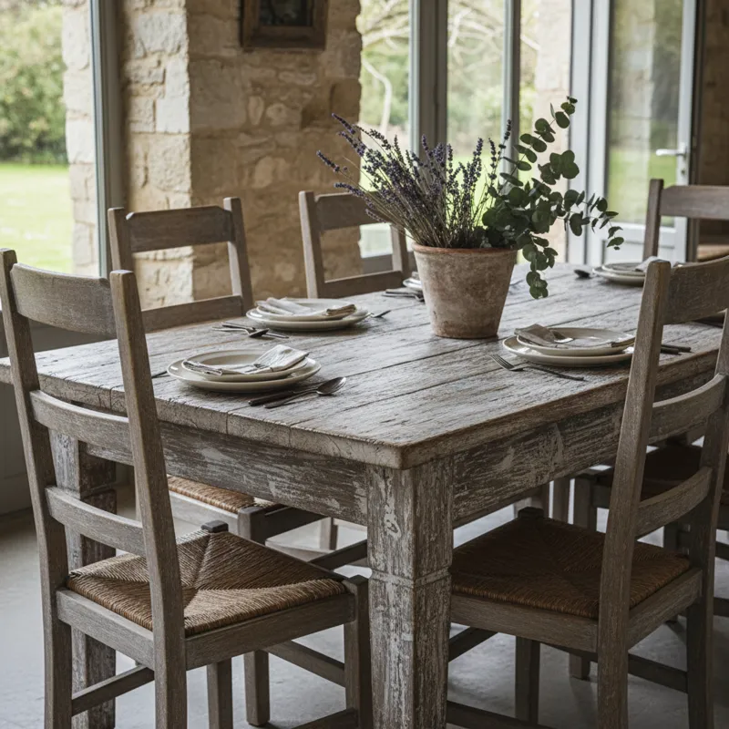 Rustic gray dining table with a distressed wood finish and sturdy rectangular design, ideal for modern farmhouse or industrial style dining rooms.