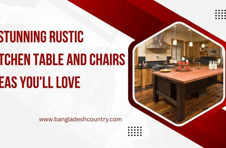 Promotional image for a blog post titled '7 Stunning Rustic Kitchen Table and Chairs Ideas You'll Love,' featuring a rustic kitchen with a large wooden island, wooden cabinets, and a stainless steel range hood. The text is in bold red on a white and red graphic background.