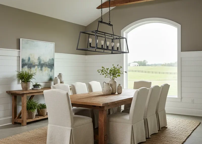 Rustic modern farmhouse dining room with a long wooden dining table, upholstered chairs, a contemporary chandelier, and large windows bringing in natural light.