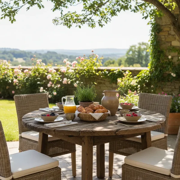 A charming rustic round wooden breakfast table with two accompanying chairs, bathed in soft morning light. The table features a distressed finish and is set simply, hinting at a cozy start to the day.