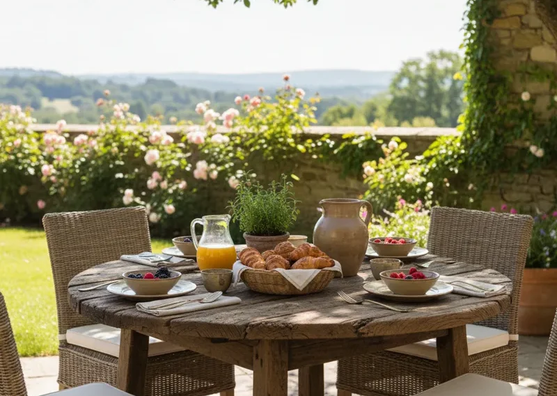 A charming rustic round wooden breakfast table with two accompanying chairs, bathed in soft morning light. The table features a distressed finish and is set simply, hinting at a cozy start to the day.
