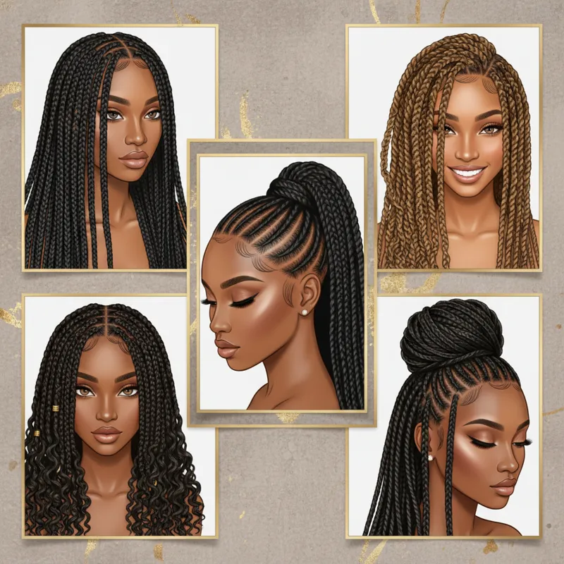 A collage featuring five different popular braid and twist styles using Ruwa hair, such as knotless box braids, goddess braids, feed-in cornrows, pass