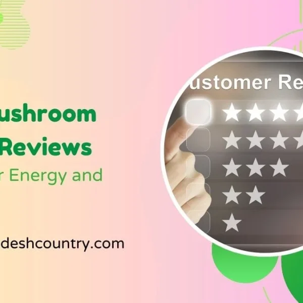Promotional graphic for Ryze Mushroom Coffee Reviews. The text reads 'Boost Your Energy and Focus'. A graphic shows a hand selecting a five-star customer review rating.