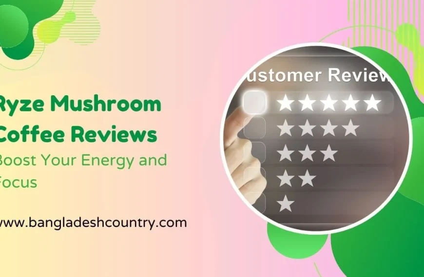 Promotional graphic for Ryze Mushroom Coffee Reviews. The text reads 'Boost Your Energy and Focus'. A graphic shows a hand selecting a five-star customer review rating.