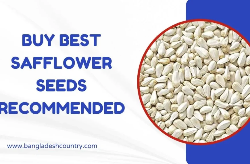 Graphic advertising "BUY BEST SAFFLOWER SEEDS RECOMMENDED" with a close-up image of white safflower seeds in a red circle and the website www.bangladeshcountry.com.