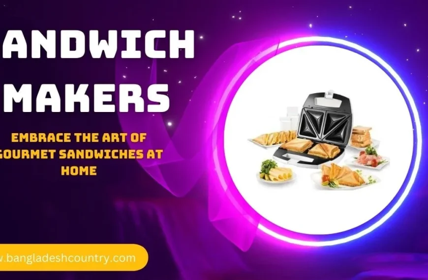 Advertisement for sandwich makers, featuring a sandwich press with toasted sandwiches, surrounded by various gourmet sandwiches, cheese, and milk, on a vibrant purple background with the prominent text 'SANDWICH MAKERS' and a tagline 'EMBRACE THE ART OF GOURMET SANDWICHES AT HOME'.