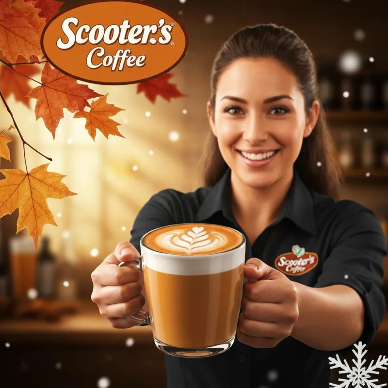 A promotional image for a Scooter's Coffee seasonal drink, perhaps a pumpkin spice latte for fall with autumn leaves in the background, or a peppermin