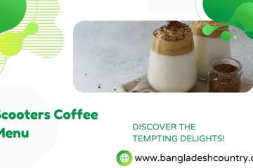 Promotional banner for the Scooters Coffee Menu, featuring two glasses of whipped Dalgona-style coffee topped with chocolate shavings, set against a white background with green abstract shapes.