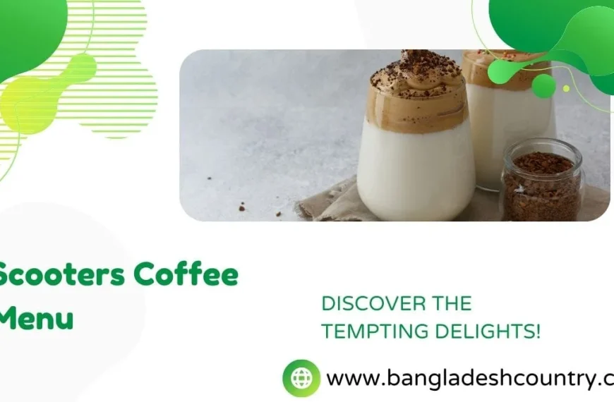 Promotional banner for the Scooters Coffee Menu, featuring two glasses of whipped Dalgona-style coffee topped with chocolate shavings, set against a white background with green abstract shapes.