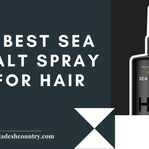 A graphic announcing '6 Best Sea Salt Spray for Hair', prominently featuring a black HWG Sea Salt Spray bottle with Pinewood Scent, Fine Sea Salt, and Vegetable Glycerin ingredients visible on its label. The image serves as a header for an article on top hair styling products.