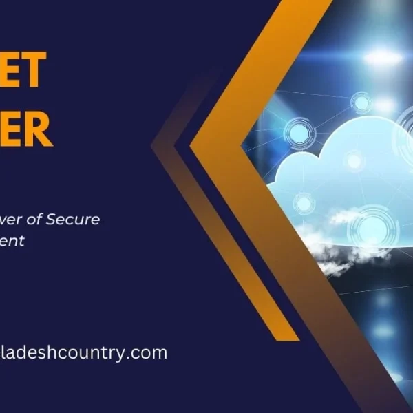 Orange text 'SECRET SERVER' with the slogan 'Unleash the Power of Secure Data Management' on a dark blue background. The right side of the image features a digital graphic of a glowing blue cloud connected to server racks, symbolizing secure cloud computing and data management. The website 'www.bangladeshcountry.com' is displayed at the bottom.