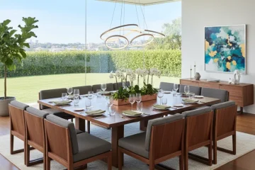 Modern sectional dining table with modular bench seating and individual chairs, designed for flexible dining and entertaining in a contemporary setting.