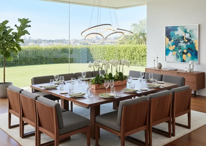 Modern sectional dining table with modular bench seating and individual chairs, designed for flexible dining and entertaining in a contemporary setting.