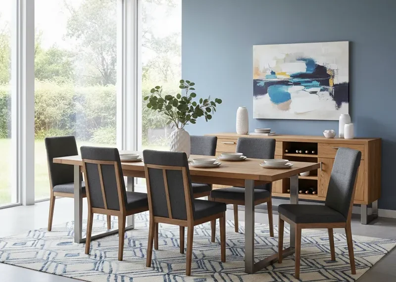 Selling a modern dining room set with a wooden table and six upholstered chairs, ready for a new home.