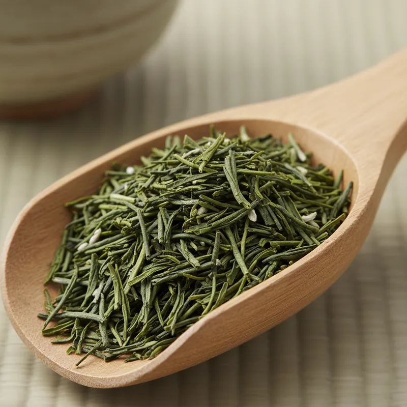 A close-up, high-resolution shot of vibrant emerald-green, needle-like dry sencha tea leaves in a traditional Japanese wooden scoop, highlighting thei