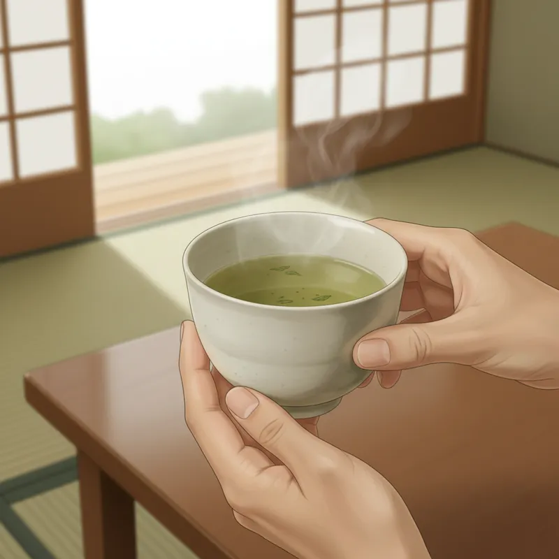 A person with relaxed hands calmly holding a simple, elegant Japanese teacup filled with bright, light-green sencha tea. The background is a soft-focu