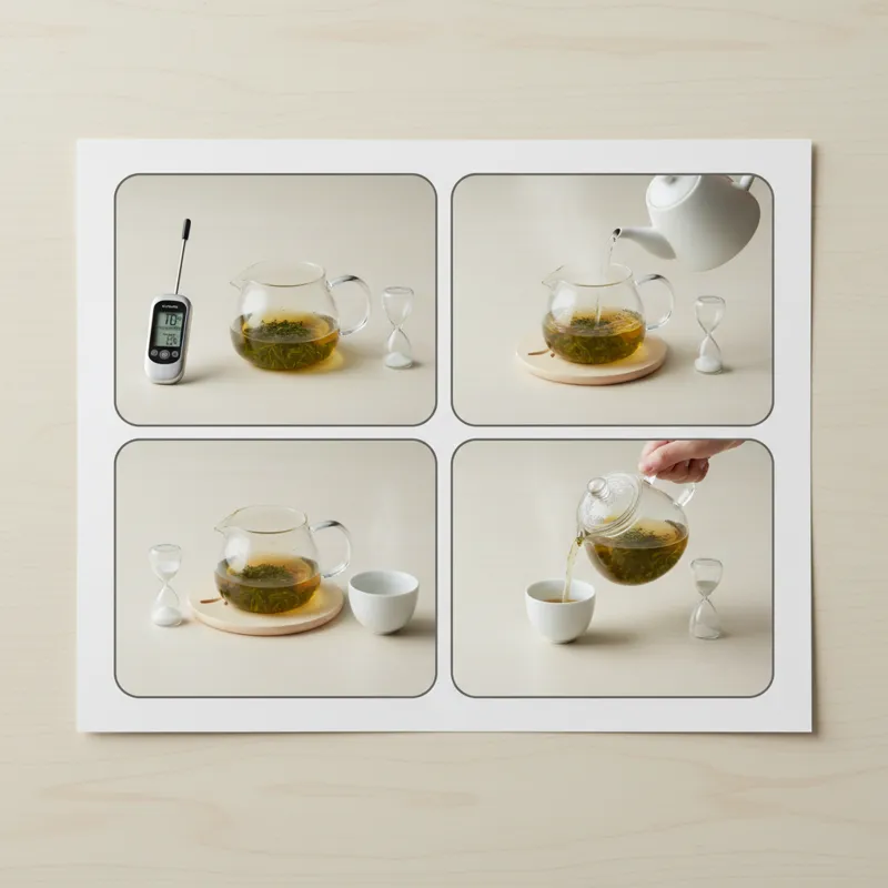 A step-by-step visual guide layout on a clean, light-colored surface. It shows a clear glass Japanese teapot (kyusu), a digital kitchen thermometer di