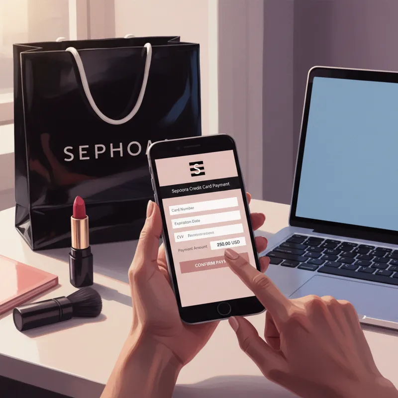 A person using a laptop or smartphone to make an online payment for their Sephora Credit Card, with a Sephora shopping bag subtly visible in the backg