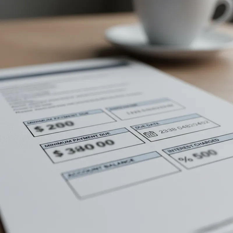 A close-up of a blurred credit card statement with key sections like'Minimum Payment Due,''Due Date,''Account Balance,' and'Interest Charged' high
