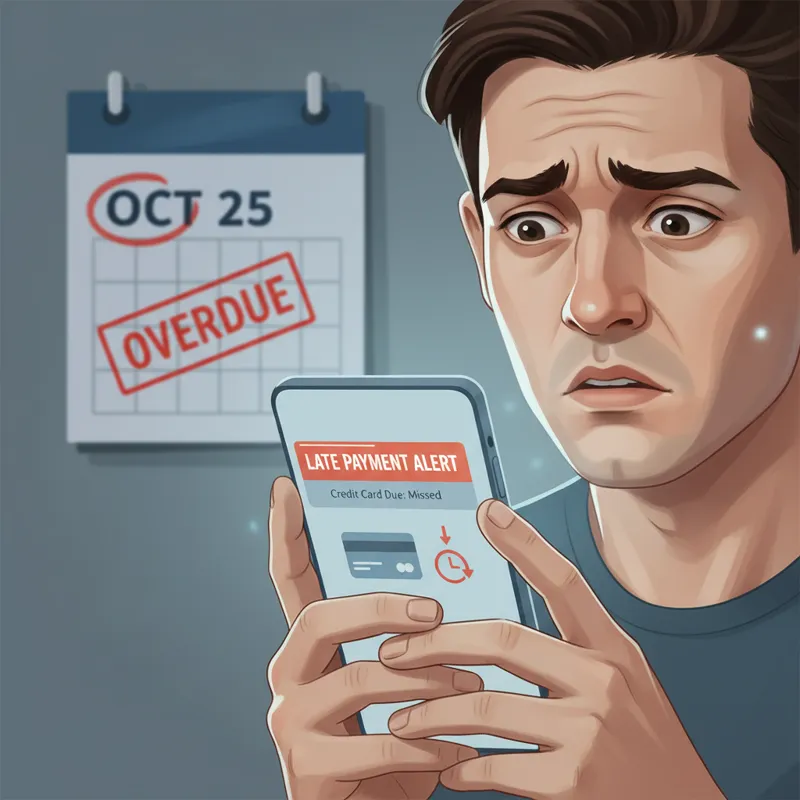 A person looking concerned at a smartphone screen displaying a notification about a credit card late payment, with a calendar in the background showin