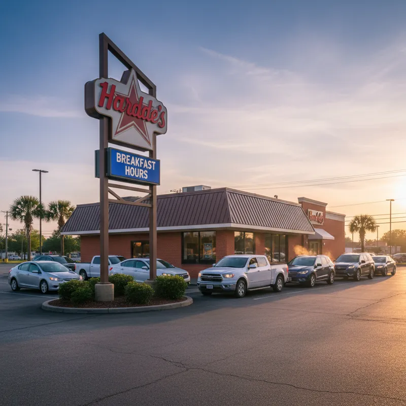 A vibrant photo of a Hardee's restaurant facade in the early morning light, with cars in the drive-thru. The sign clearly indicates