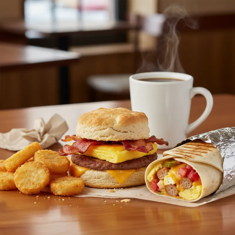 A well-arranged close-up shot of a Hardee's breakfast spread, including a Monster Biscuit, a breakfast burrito, hash rounds, and a coffee, on a clean